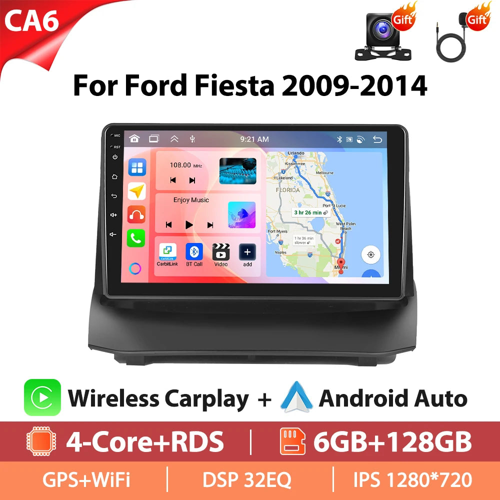 Autoradio Hikity 9 pouces 4G pour Ford Fiesta 2009-2014, lecteur multimédia vidéo, Carplay, Android Auto, 8 cœurs, WIFI, 4G, GPS, Mirrorlink, BT