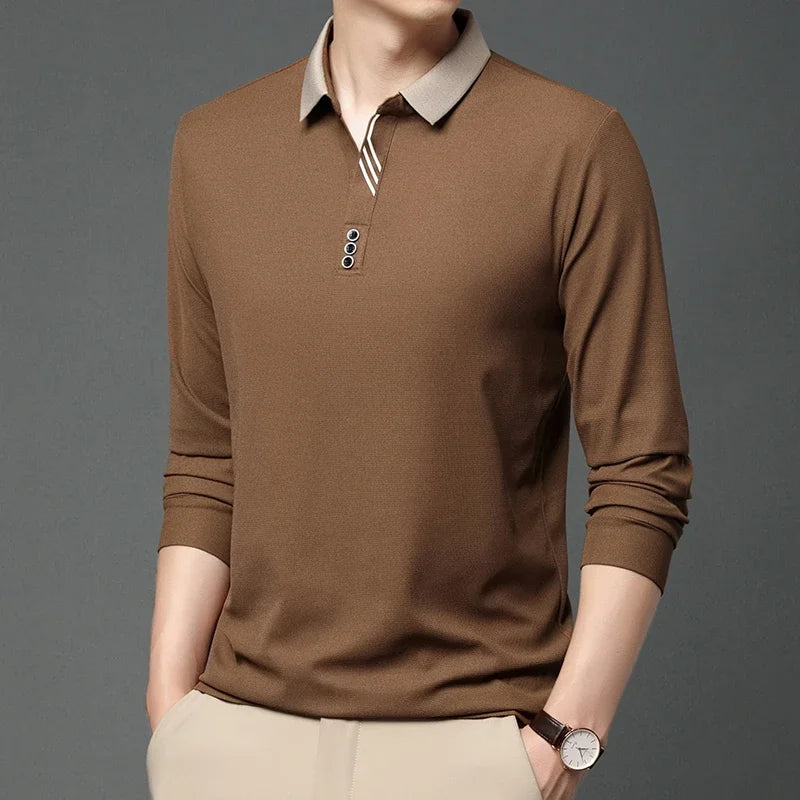Polo à manches longues pour hommes, décontracté, couleur unie, à la mode, respirant, confortable, polyvalent, nouvelle collection