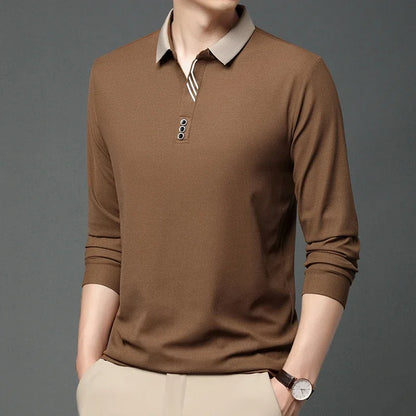 Polo à manches longues pour hommes, décontracté, couleur unie, à la mode, respirant, confortable, polyvalent, nouvelle collection