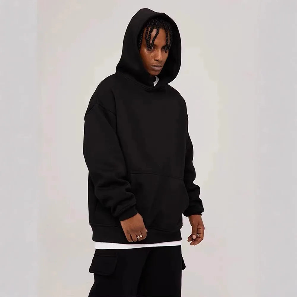 Sweat à capuche pour hommes, polaire épaisse, coupe ample, couleur unie, Style coréen, à la mode, haut décontracté en Fiber de Polyester, hiver