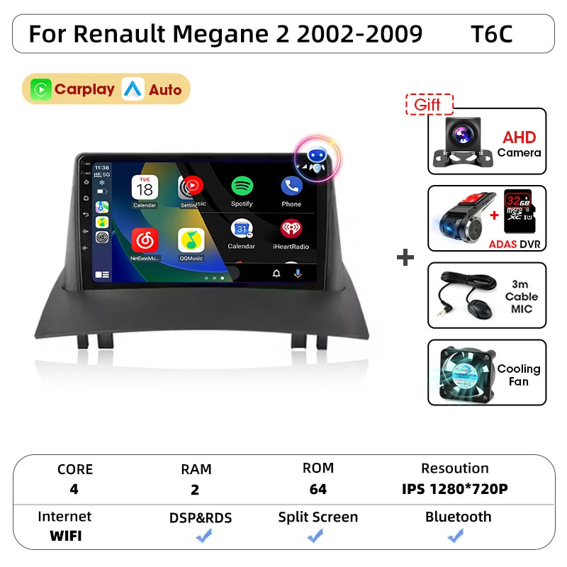 Android Carplay Auto pour Renault Megane 2 2002 2003 2004 2005 2006 2007 2008 2009 lecteur d'autoradio multimédia WIFI + 4G stéréo