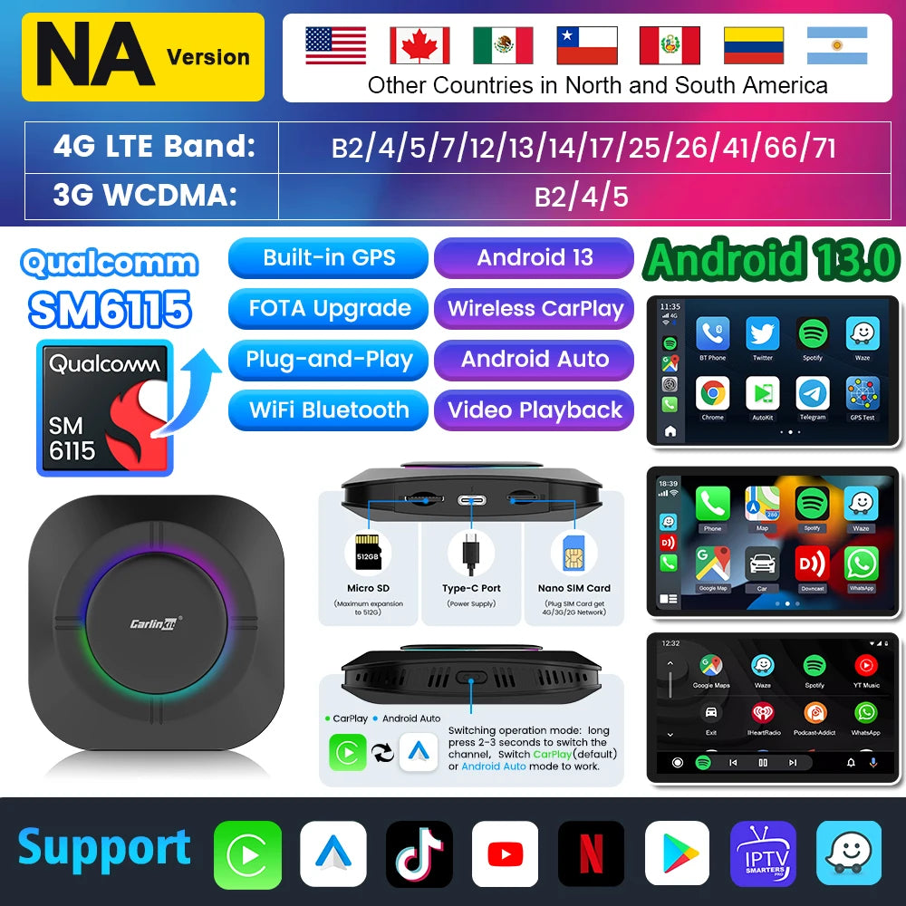 2026 Carlinkit Ai Box LED Android adaptateur Carplay sans fil Android 13 Qualcomm 6115 8 cœurs 64G Smart Tv Box pour Netflix IPTV