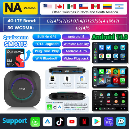 2026 Carlinkit Ai Box LED Android adaptateur Carplay sans fil Android 13 Qualcomm 6115 8 cœurs 64G Smart Tv Box pour Netflix IPTV
