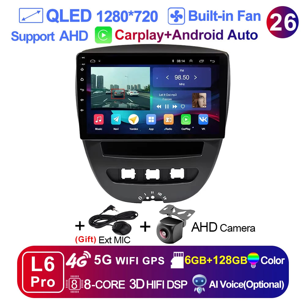 LEHX-Autoradio L6 Pro, Android 14, 2 Din, Stéréo, CarPlay, Limitation de Courant, GPS, pour Voiture KIT 107, Toyota Aygo, Cristaux en C1 (2005-2014)