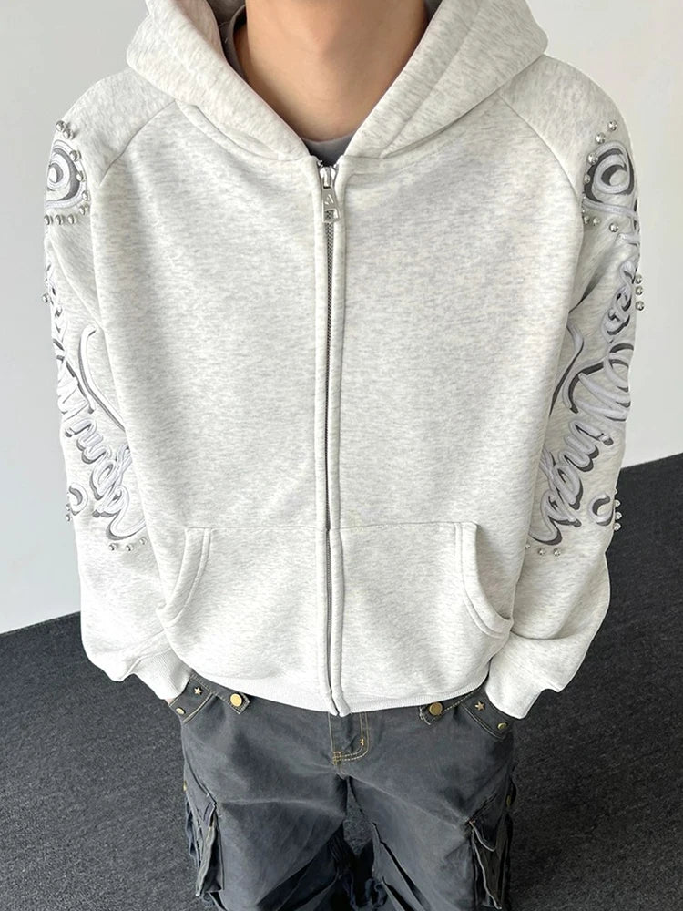 Nouveauté Printemps 2026 : Sweat à capuche décontracté pour homme, à manches longues, zippé, avec lettres imprimées et rivets, coupe ample et tendance