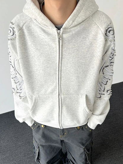 Nouveauté Printemps 2026 : Sweat à capuche décontracté pour homme, à manches longues, zippé, avec lettres imprimées et rivets, coupe ample et tendance