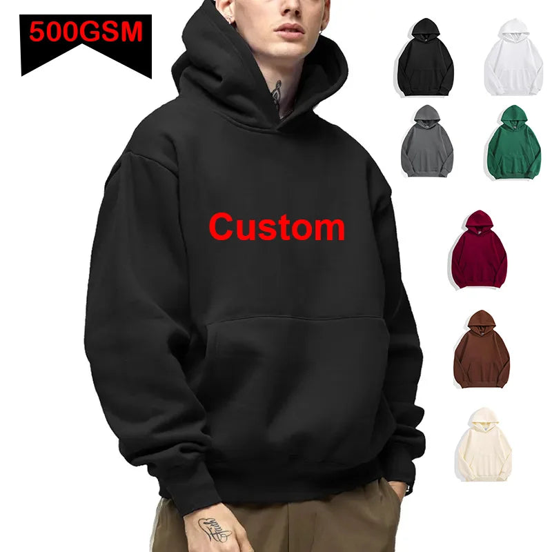 Bricolage personnalisé votre marque LOGO 500GSM poids lourd nouveau automne hiver décontracté épais coton hommes haut couleur unie sweat à capuche