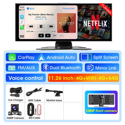11.26 pouces Android 14 voiture DVR 4G + WIFI 8 cœurs 4G + 64G sans fil Carplay Android Auto Dashcam 1080P enregistrement prise en charge Youtube Netflix
