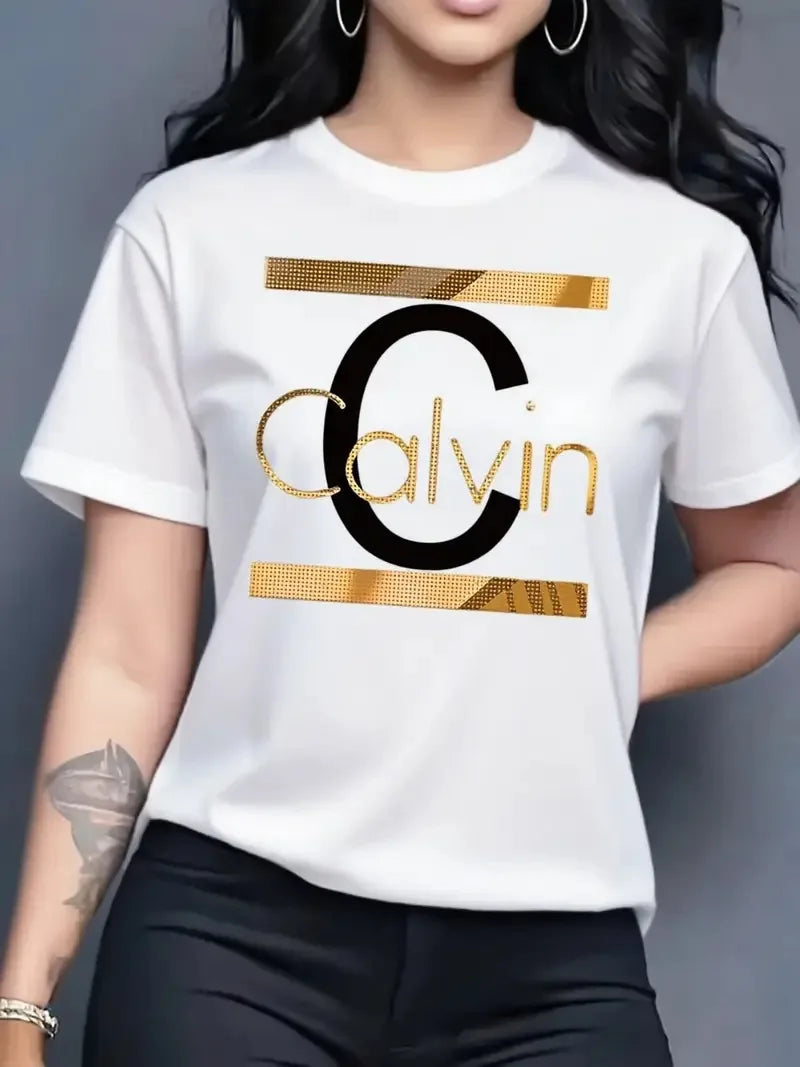 Offre spéciale femmes mode d'été décontracté Calvin lettre motif imprimé col rond manches courtes vêtements de sport T-shirt y2k vêtements