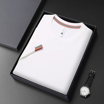 T-shirt à Manches Courtes pour Homme, Col Rond, Solide, avec Poignets Brodés, à la Mode, Confortable, Respirant et artificiel astique