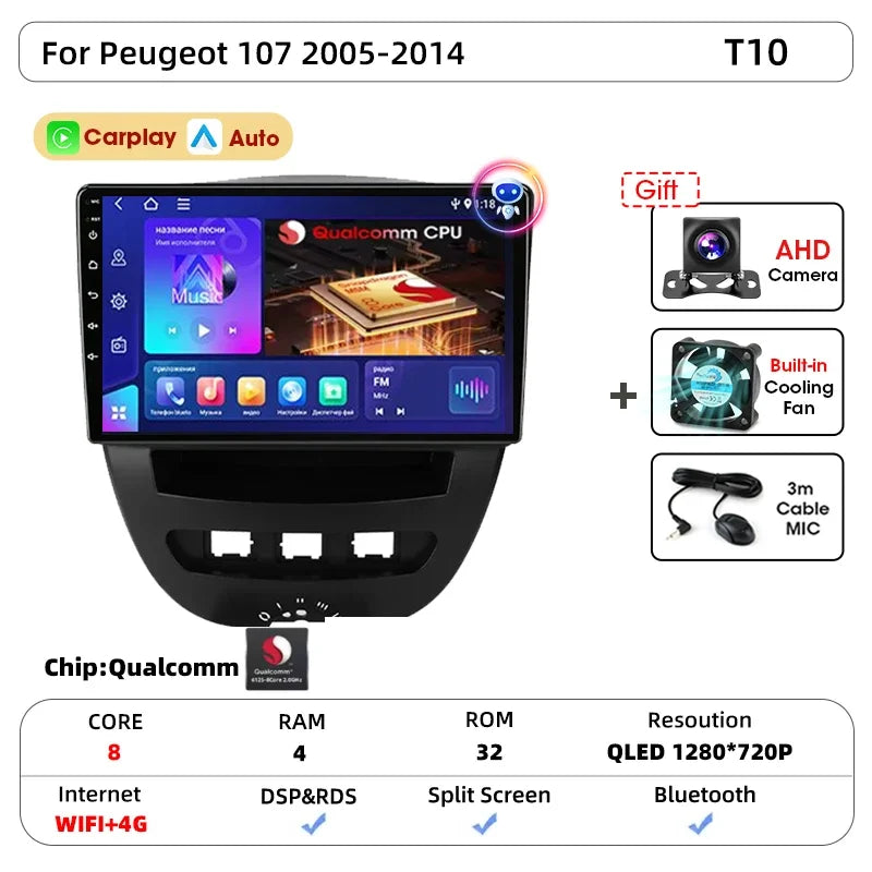 Srnubi autoradio pour Peugeot 107 Toyota Aygo citroën C1 2005-2014 sans fil Carplay Android Auto lecteur multimédia de voiture 2 Din