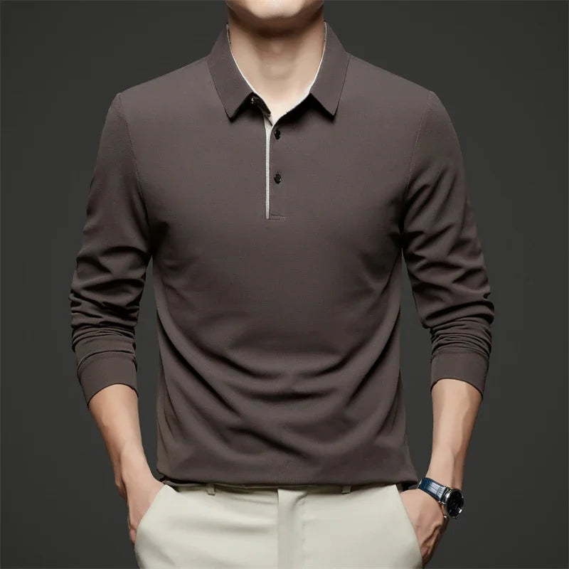Polo d'affaires décontracté à manches longues pour hommes, haut polyvalent, document solide, à la mode, chaud, confortable, quatre saisons, nouveau