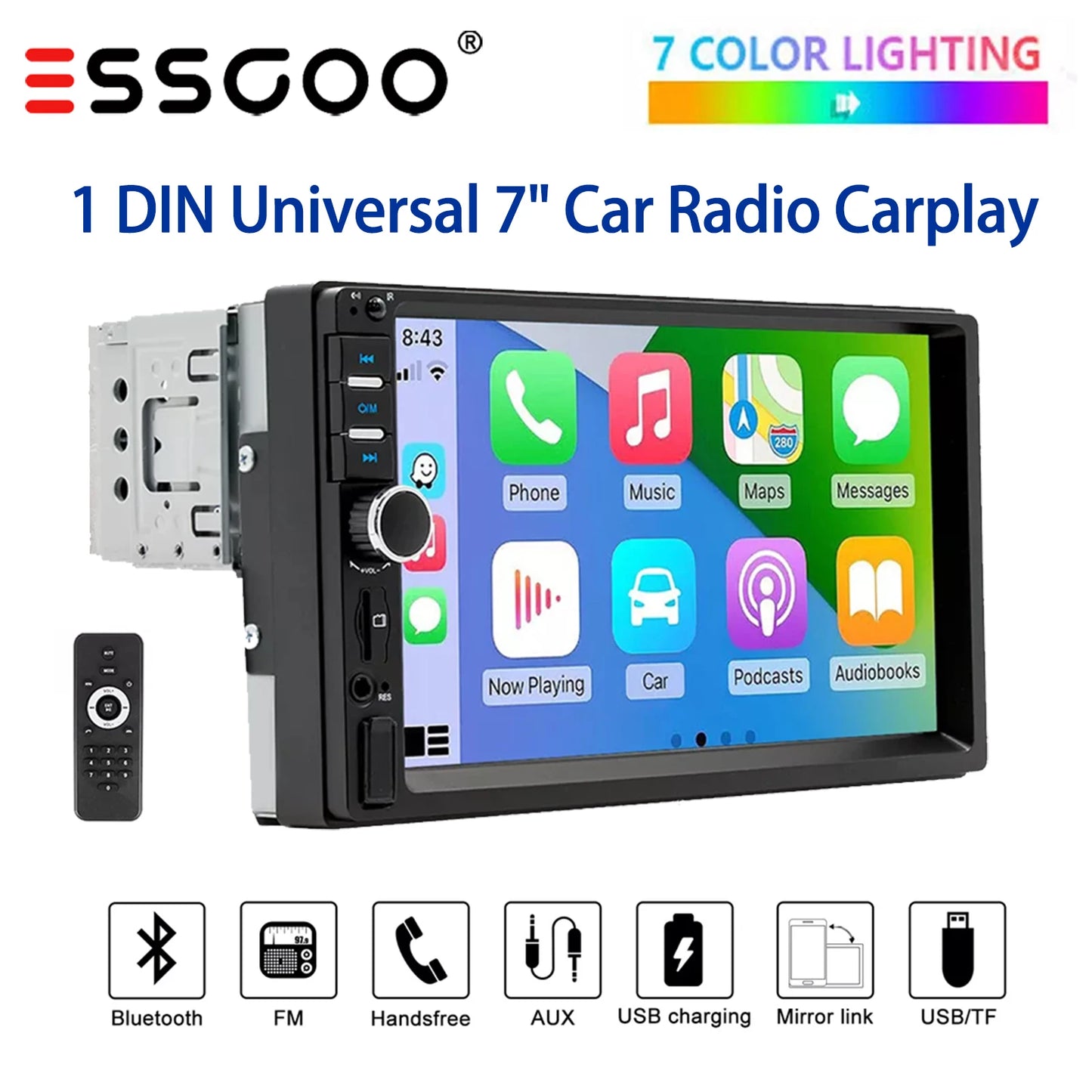 ESSGOO Carplay Android Auto 1 DIN 7 "Radio de voiture universelle BT TF EQ USB AUX TF USB HD lecteur multimédia à écran tactile avec 7 couleurs
