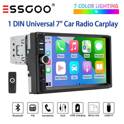 ESSGOO Carplay Android Auto 1 DIN 7 "Radio de voiture universelle BT TF EQ USB AUX TF USB HD lecteur multimédia à écran tactile avec 7 couleurs