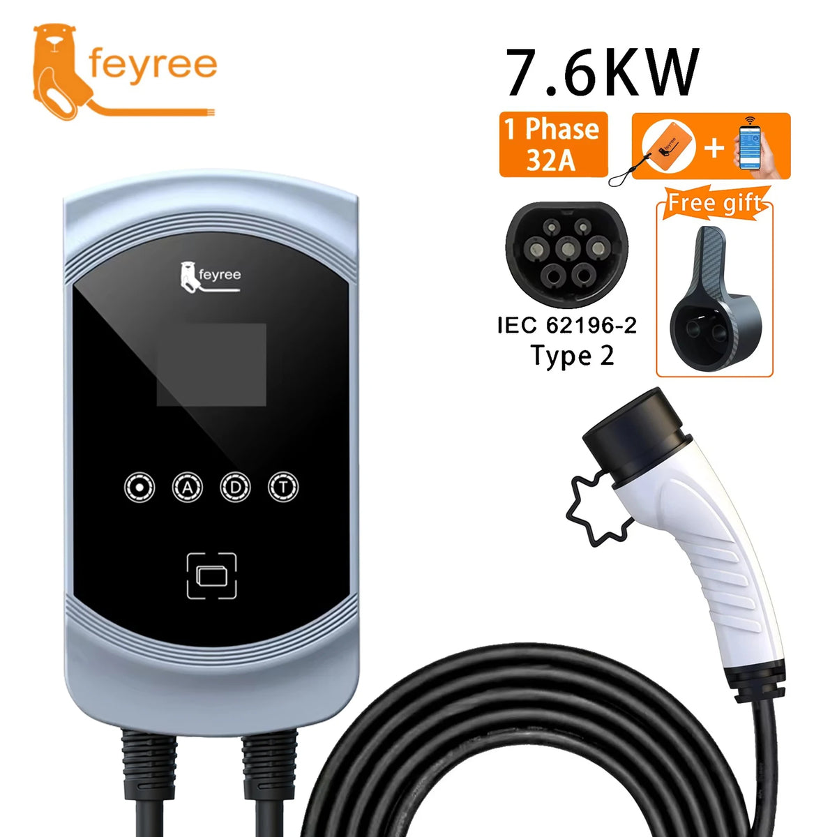 Fey123 EV Chargeur 32A 22KW 3Phase 11KW 16A Chargeur de Voiture Électrique EVSE Wallbox 7.6KW 32A Vope2 Câble Prise IEC62196-2 Andrea Control
