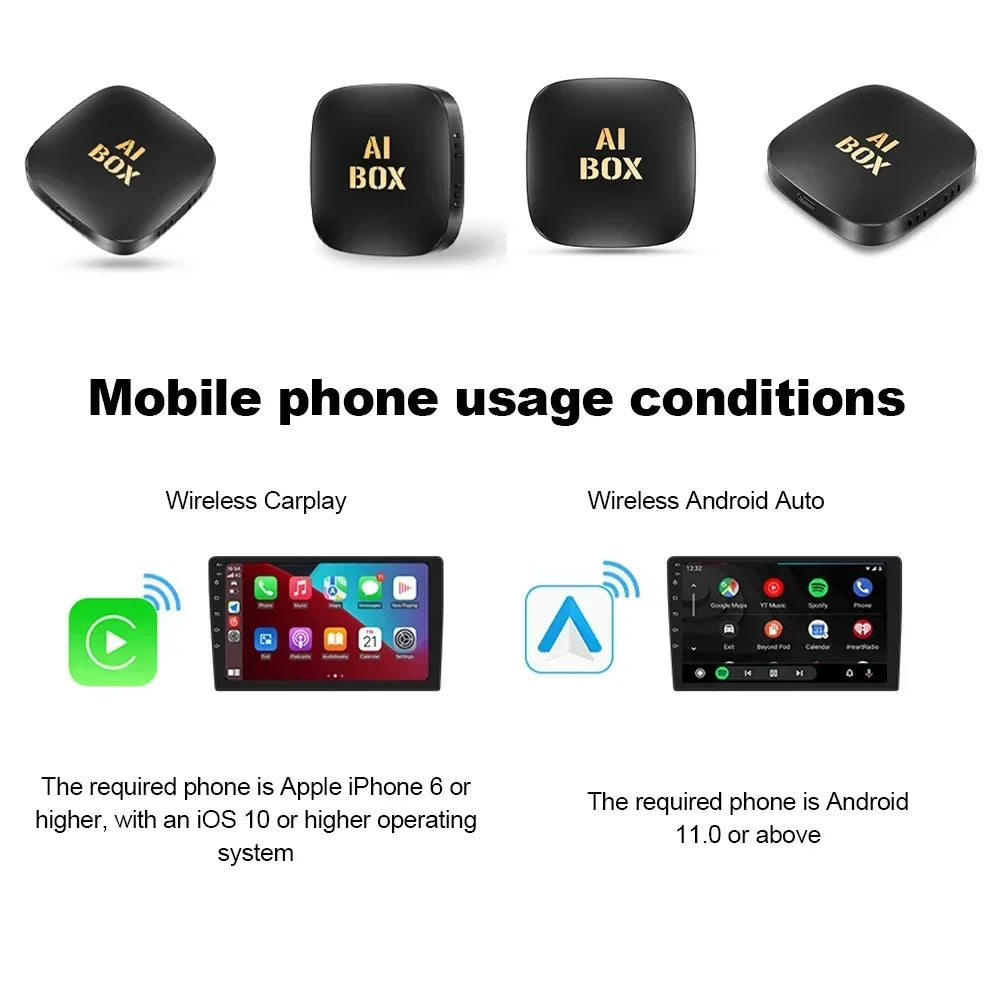 صندوق CarPlay AI بنظام Android 13 لاسلكي، فيديو سيارة تلقائي، تلفزيون، واي فاي، 2 جيجا بايت، 32 جيجا بايت لـ Netflix، يوتيوب بلاي PRTV، جديد