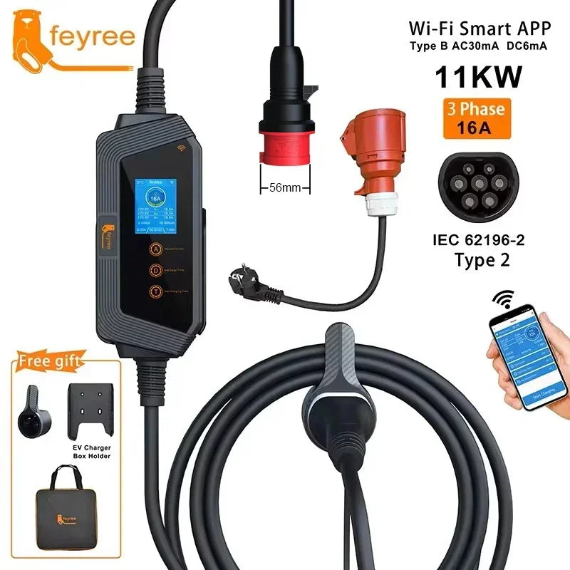 شاحن سيارة كهربائية محمول Feyree Type2 11KW 16A 3 مراحل مع التحكم في تطبيق Wi-Fi صندوق شحن EVSE مقبس CEE للمركبات الكهربائية