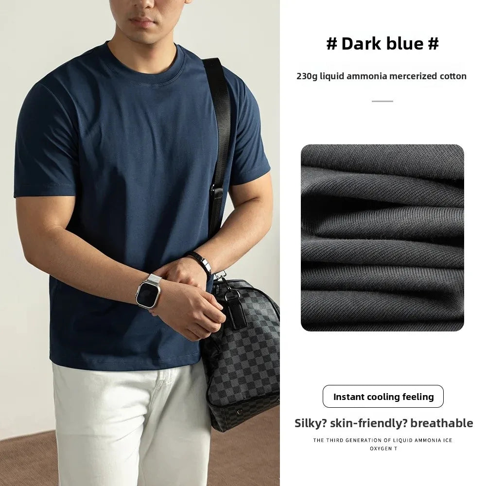 Haut de gamme lourd ammoniaque liquide brillant coton hommes à manches courtes T-Shirt été coupe ample respirant haut décontracté