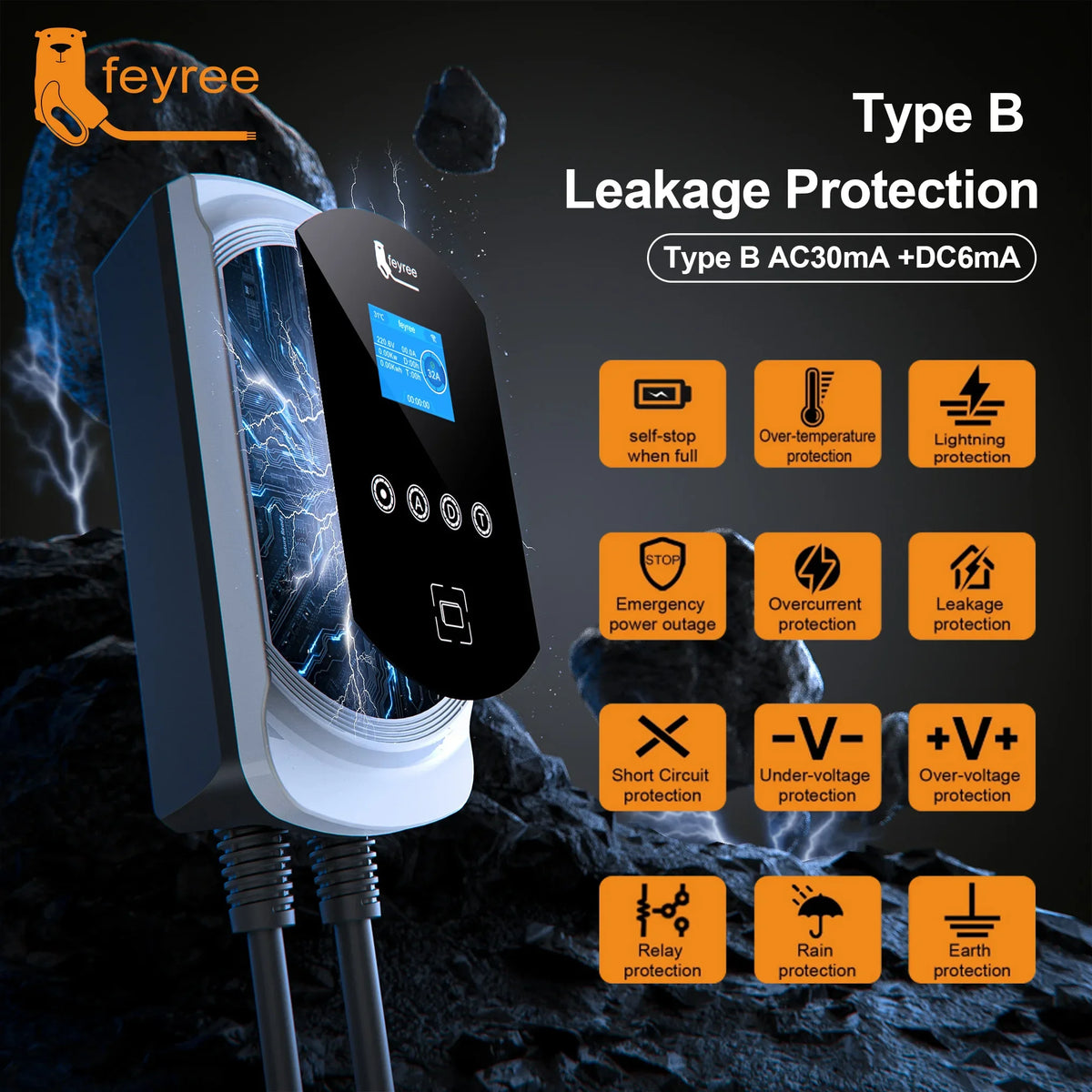 شاحن Feyree EV كابل من النوع 2 32 أمبير 7.6 كيلو واط موازنة شحن ديناميكية EVSE Wallbox وظيفة التطبيق 11 كيلو واط 22 كيلو واط محطة شحن سيارة كهربائية