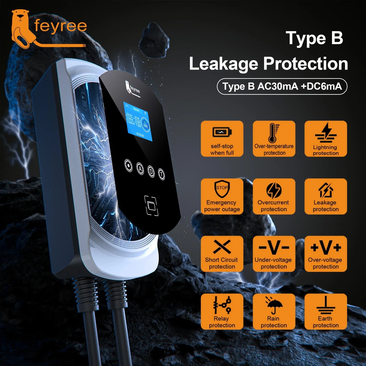شاحن Feyree EV كابل من النوع 2 32 أمبير 7.6 كيلو واط موازنة شحن ديناميكية EVSE Wallbox وظيفة التطبيق 11 كيلو واط 22 كيلو واط محطة شحن سيارة كهربائية