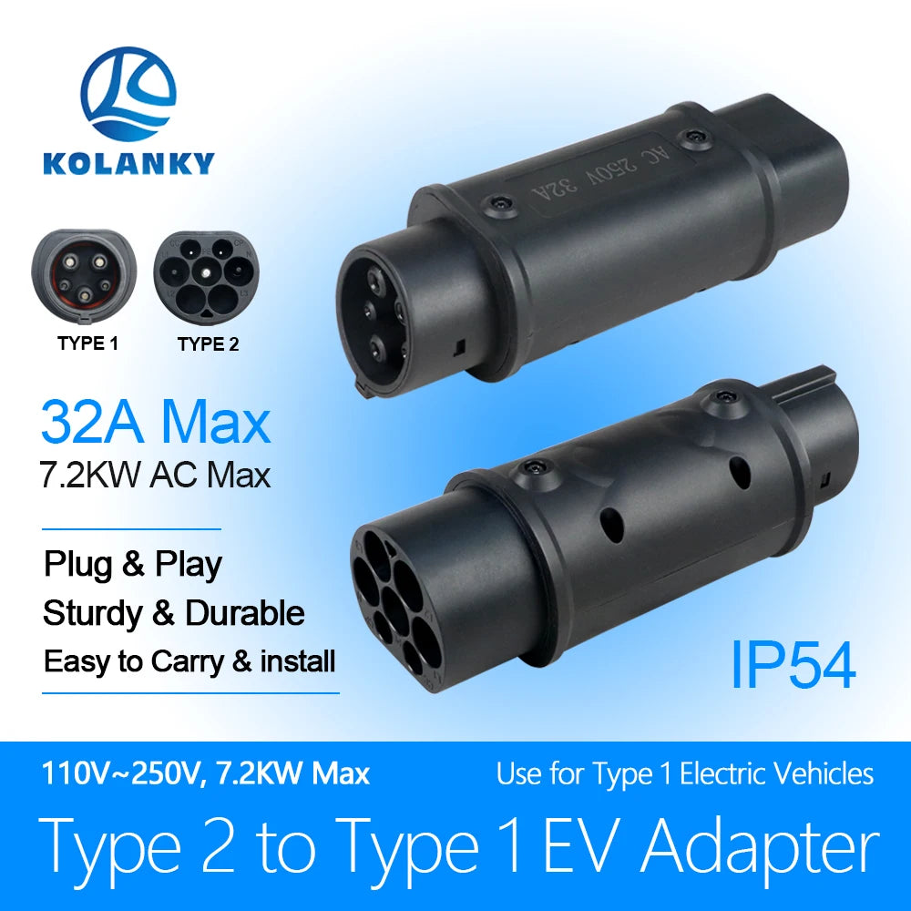 Kolanky Type2 à Type1 EV chargeur adaptateur convertisseur IEC 62196 16A 32A J1772 pour connecteur de charge de véhicule électrique