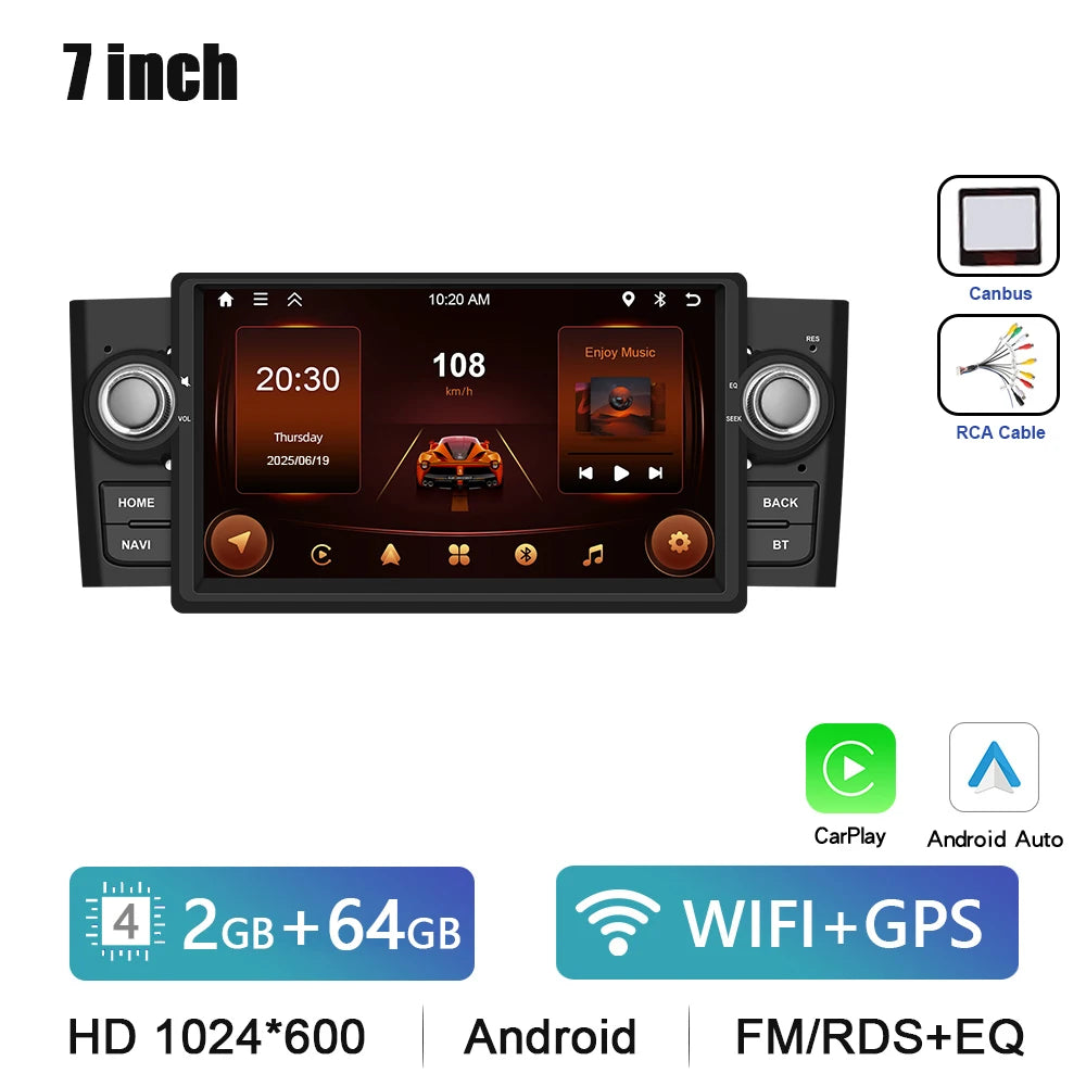 Podofo 7 "autoradio sans fil CarPlay Android Radio pour FIAT Punto 2005-20009/Linea 2007-2011 multimédia GPS FM WIFI BT Autoradio