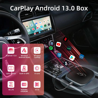 2026 CarPlay Ai Box CarPlay Android Auto filaire vers sans fil Android Qualcomm octa-core 4G + 64G Plug and Play