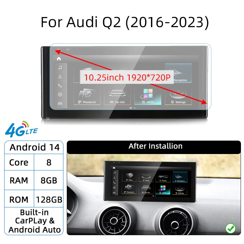 Android 14 Auto Radio CarPlay pour Audi A1 Q2 2010-2023 GPS voiture lecteur multimédia Navi stéréo DSP WIFI SIM BT IPS écran tactile