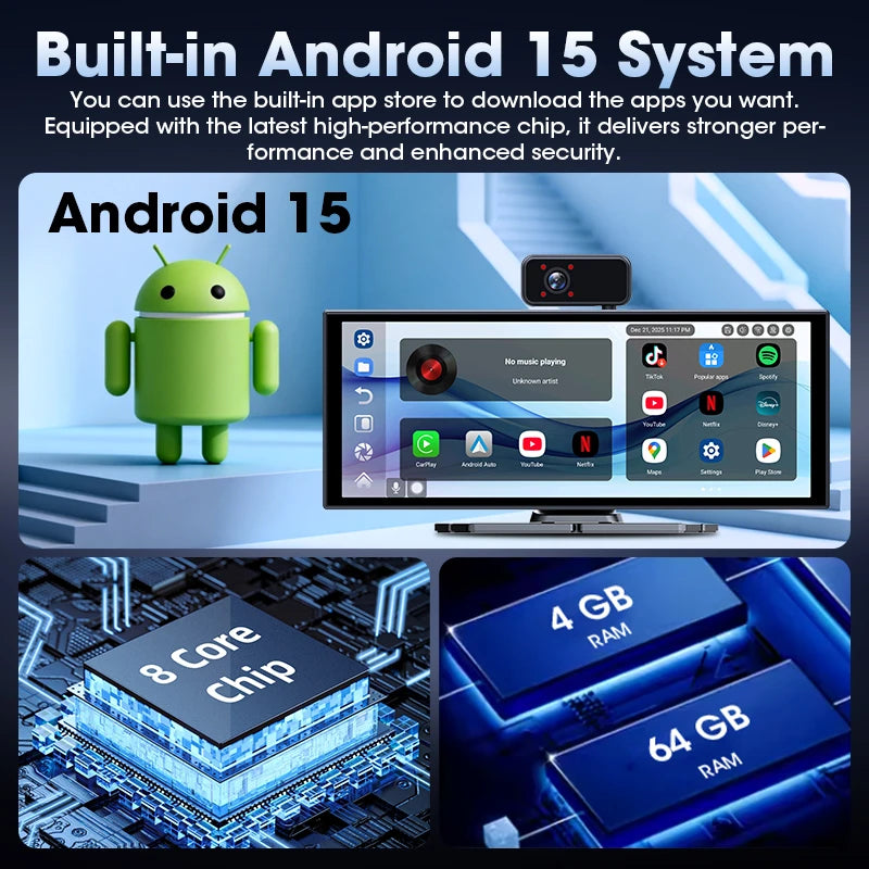 11.26 pouces Android 15 voiture DVR 4G + 64G WIFI sans fil Carplay Android Auto Dash Cam multimédia lecteur vidéo GPS Navigation BT AUX