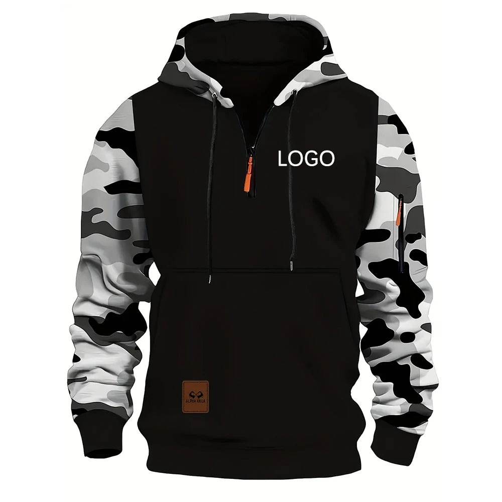 Personnalisez votre logo, sweats à capuche pour hommes, sweat-shirts à panneaux camouflage, embellissements à fermeture éclair tendance, streetwear, cadeaux personnalisés pour hommes