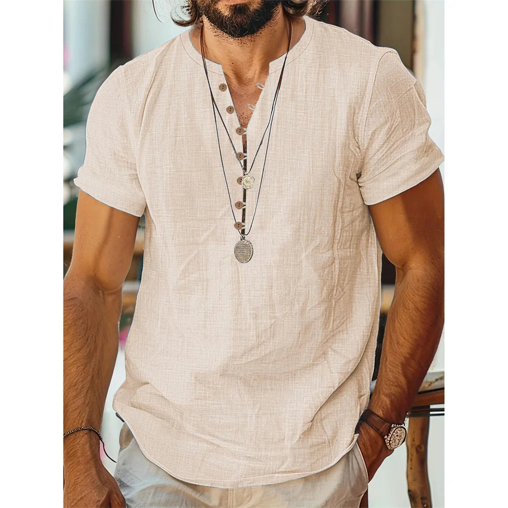 T-shirt manches courtes homme coton lin décontracté couleur unie demi bouton col rond respirant t-shirts d'été homme haut confortable