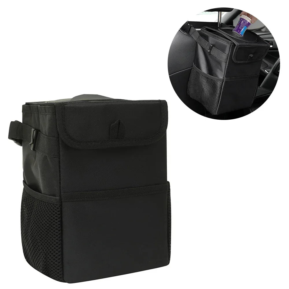 Poubelle avec Couvercle et Poches de Rangement pour Voiture, Étanche, Polyvalente, Noire, 100% Fuite