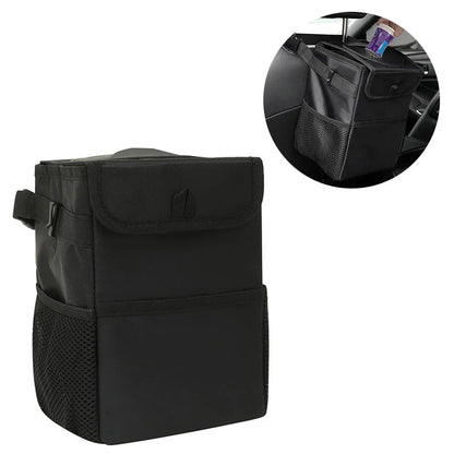 Poubelle avec Couvercle et Poches de Rangement pour Voiture, Étanche, Polyvalente, Noire, 100% Fuite