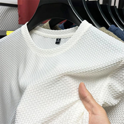 T-shirt d'été en maille et soie glacée pour hommes, manches courtes, col rond, demi-manches, fin, couleur unie, 2023