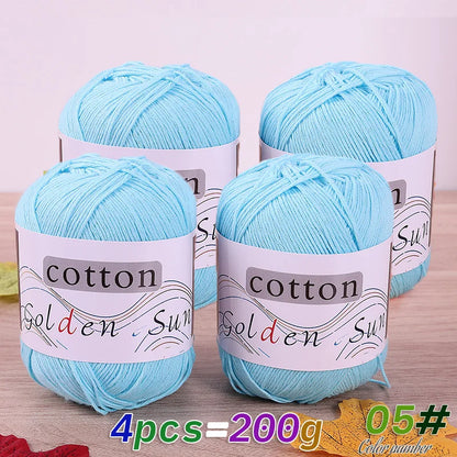 200 g de fil de coton pur 100 %, fil au crochet moyen-fin, fait à la main pour tricoter des pulls, des gilets, des chapeaux et des petites couvertures. Fil de coton moyen-fin, 1 pièce = 4 pièces = 200 grammes