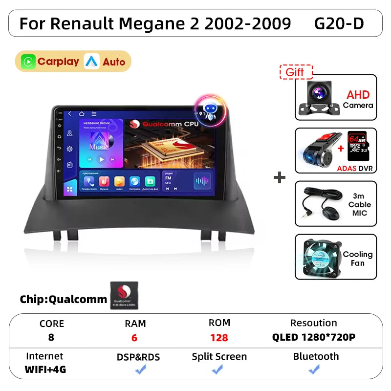 Android Carplay Auto pour Renault Megane 2 2002 2003 2004 2005 2006 2007 2008 2009 lecteur d'autoradio multimédia WIFI + 4G stéréo