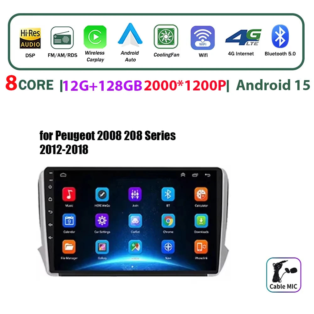 Autoradio multimédia Android 16 pour Peugeot 2008 208 Série 2012-2018 Lecteur Navigation GPS CarPlay sans fil Radio DVD Unité principale
