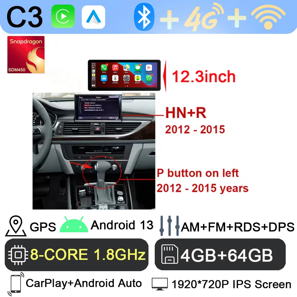 Android 13 sans fil Carplay 12.3 pouces pour Audi A6 C7 A7 2012-2018 autoradio multimédia Android Auto GPS 4G LTE DSP stéréo WiFi