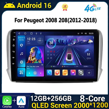 Autoradio multimédia Android 16 pour Peugeot 2008 208 Série 2012-2018 Lecteur Navigation GPS CarPlay sans fil Radio DVD Unité principale