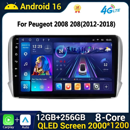 Autoradio multimédia Android 16 pour Peugeot 2008 208 Série 2012-2018 Lecteur Navigation GPS CarPlay sans fil Radio DVD Unité principale