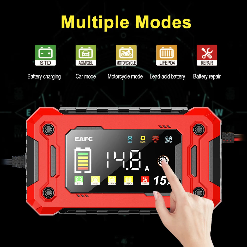 Le plus récent chargeur de batterie de voiture 12V 15A/8A réparation d'impulsions grand écran chargeur intelligent pour voiture moto plomb acide AGM GEL Batteries