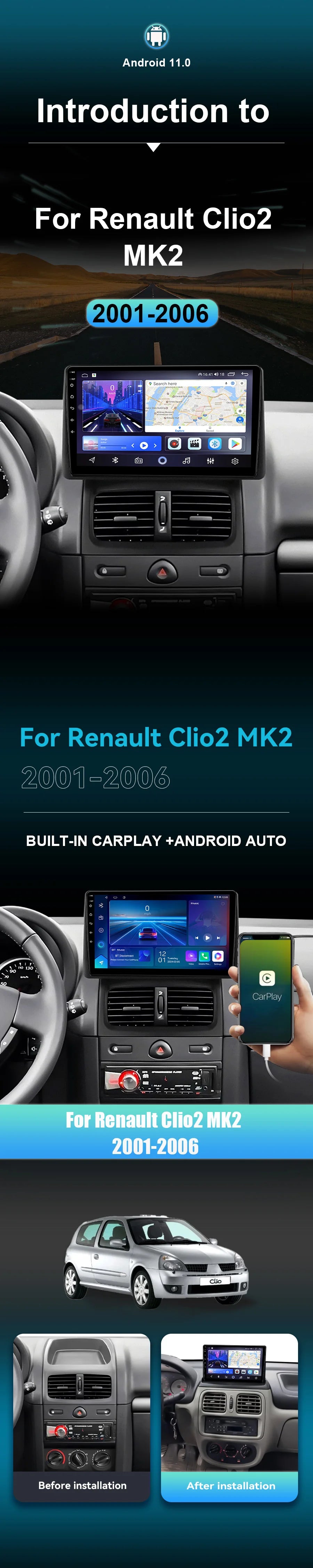 QSZN pour Renault Clio2 BB CB MK2 2001 - 2006 Android 13 autoradio lecteur vidéo multimédia CarPlay Auto 4G unité principale Navigation