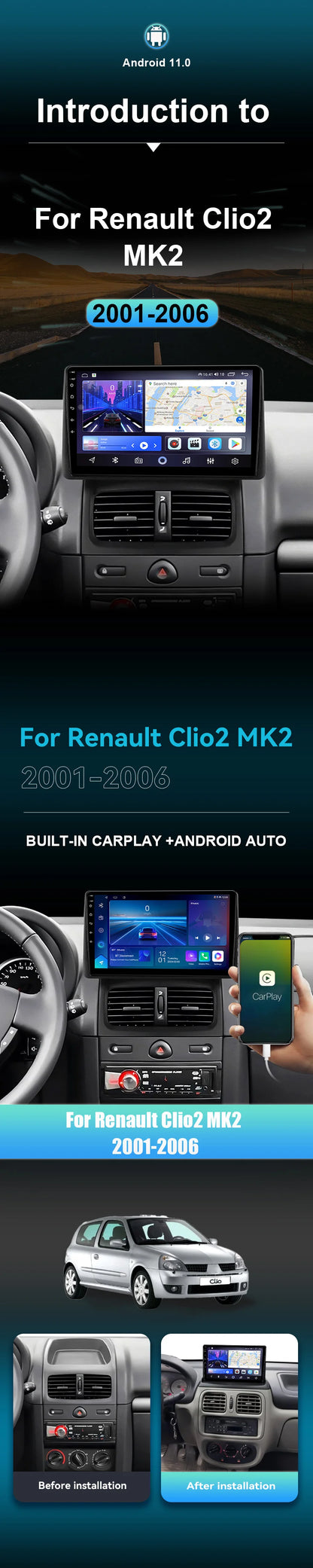 QSZN pour Renault Clio2 BB CB MK2 2001 - 2006 Android 13 autoradio lecteur vidéo multimédia CarPlay Auto 4G unité principale Navigation
