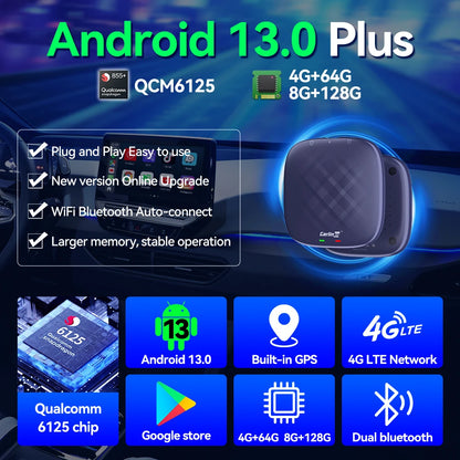 صندوق تلفزيون CarlinKit-Android 13 اللاسلكي للسيارة بنظام CarPlay AI، بمعالج QCM6125، ثماني النواة، شاشة مقسمة، 64 جيجابايت، 128 جيجابايت لـ Netflix، مع وعد بتشغيل PRPRU