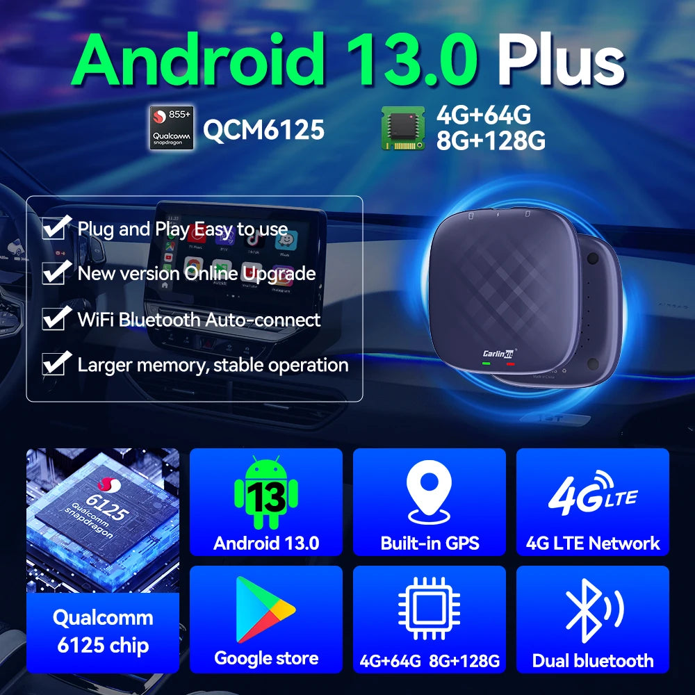 2026 NOUVEAU CarlinKit CarPlay Ai Box Qualcomm QCM6125 SM6225 CPU 8 cœurs Android 13 Carplay sans fil Android auto GPS 4G LTE pour voiture CarPlay filaire