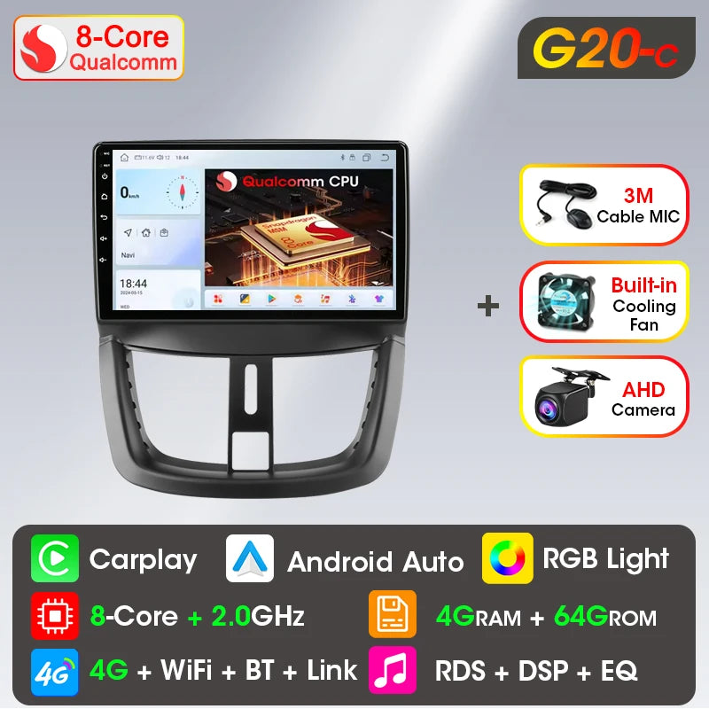 Autoradio Carplay sans fil Android pour Peugeot 207 CC 207CC 2006-2015 lecteur multimédia Navigation 2Din unité principale stéréo Auto
