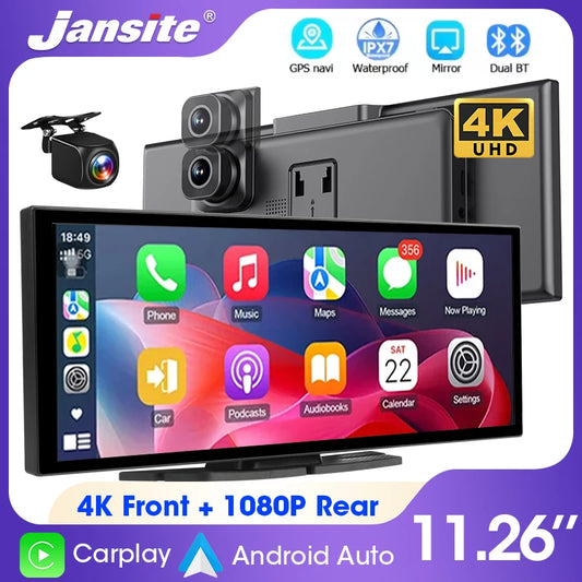Jansite Portable 11.26 pouces 4K DVR sans fil CarPlay et Android Auto Dash Cam écran de voiture enregistreur vidéo 5G WIFI Navigation
