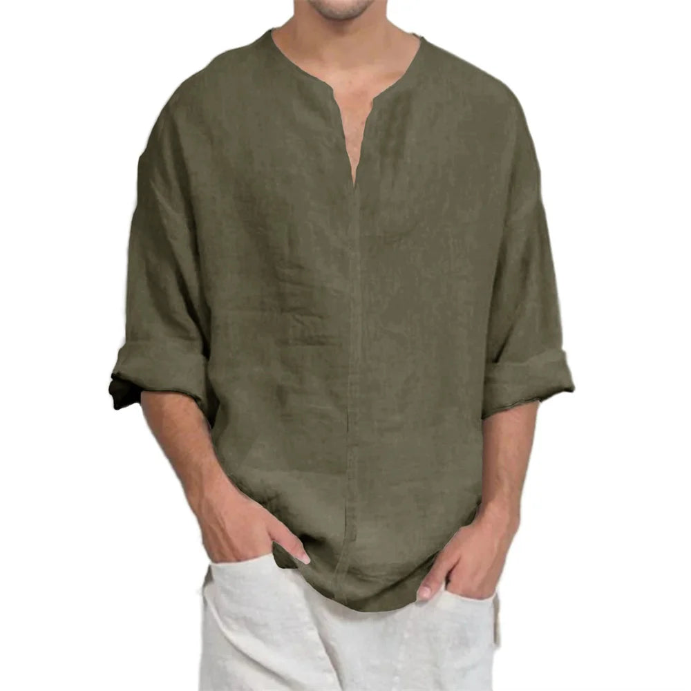 T-shirt à manches longues et col en v pour hommes, en coton et lin, décontracté, couleur unie, léger, respirant, confortable, à la mode