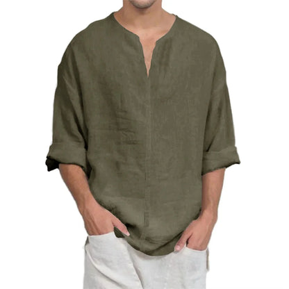 T-shirt à manches longues et col en v pour hommes, en coton et lin, décontracté, couleur unie, léger, respirant, confortable, à la mode