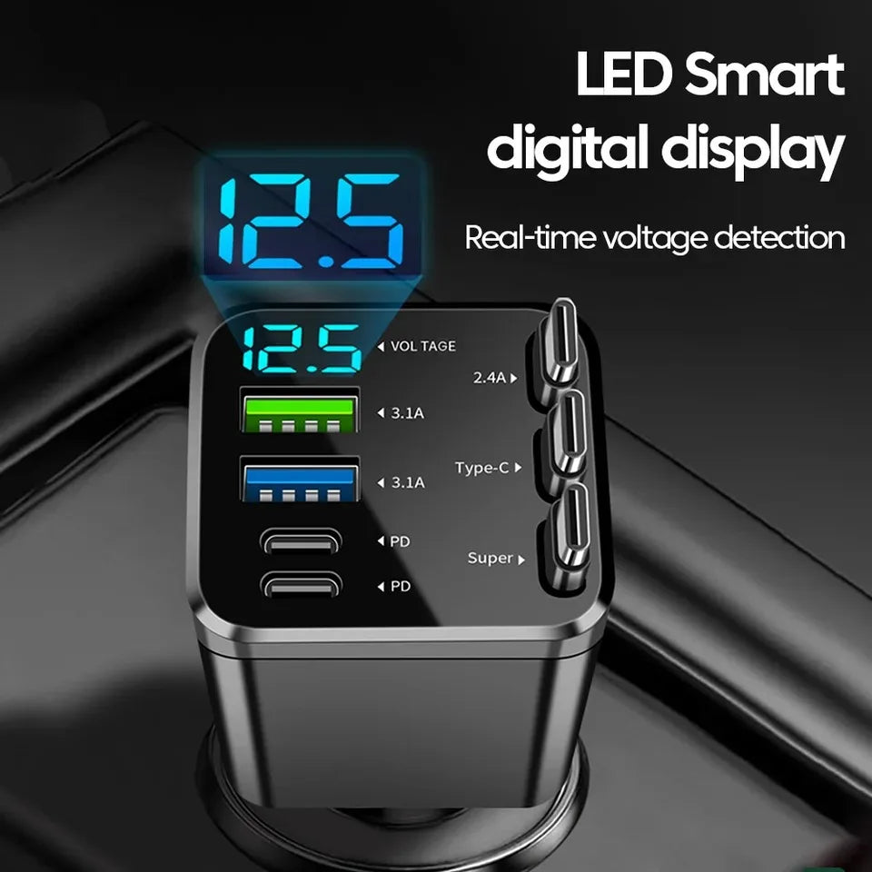 Chargeur de voiture 150W PD30W, adaptateur allume-cigare de voiture, affichage de la tension avec câble rétractable, chargeur rapide 22.5W pour IOS Android